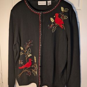 Vtg Alfred Dunner Cardinal Embroidered Cardigan XL Wool Blend Grandmacore Black